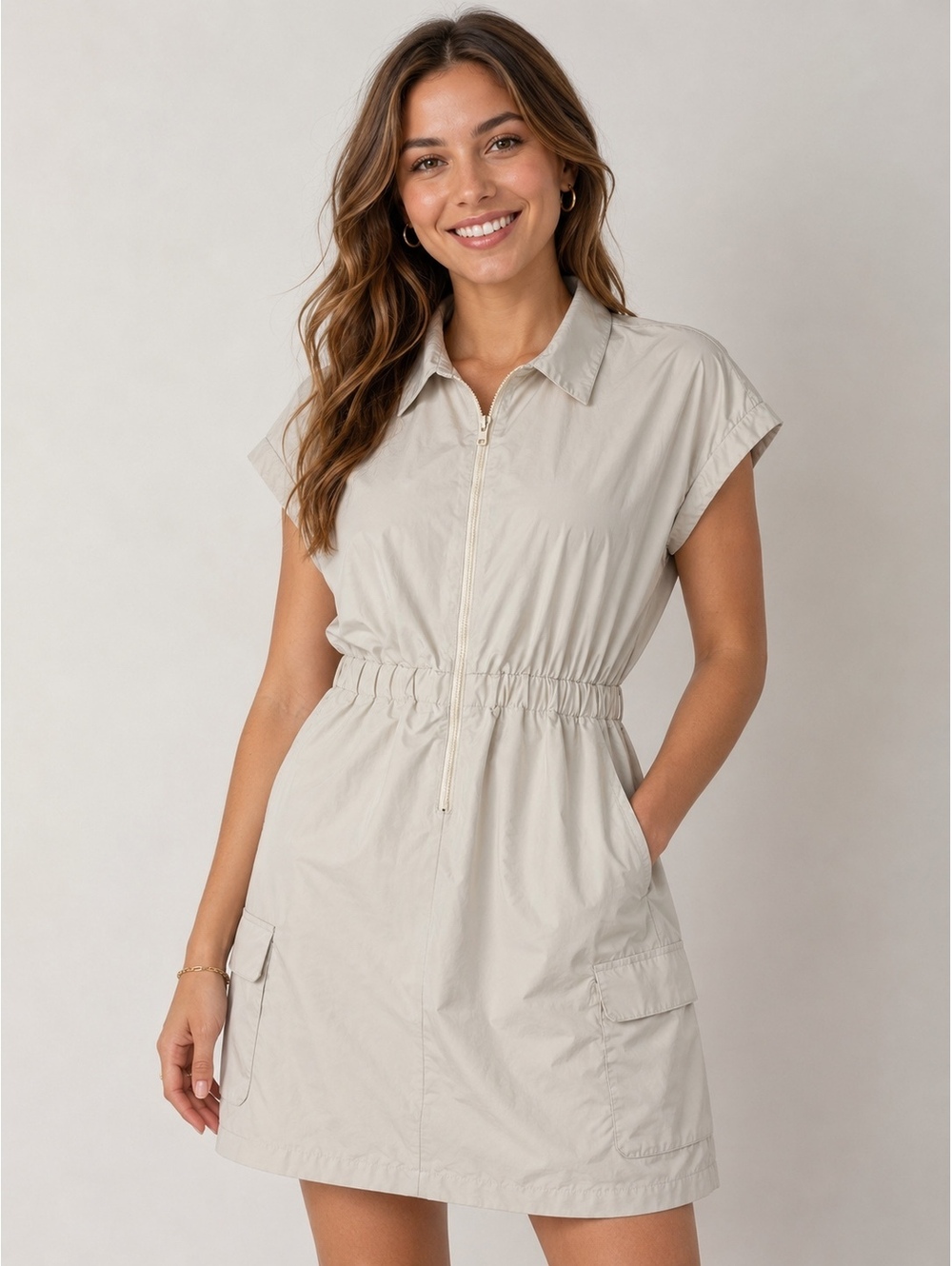 Sadie & Sage Utility Shirt Dress Women’s Medium Ivory Zip Front Cargo‎ Pockets